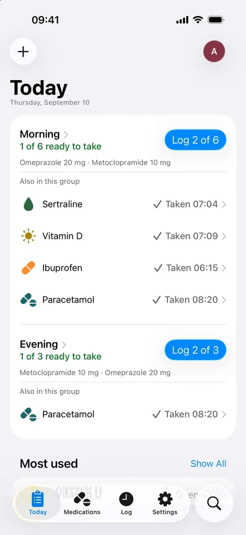 Dose on iPhone: today's medications grouped into morning and evening, with what was taken when and what is ready to log