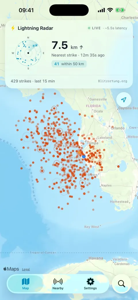 Lightning Radar on iPhone: a map of Florida covered in recent lightning strikes, with the nearest strike 7.5 km away